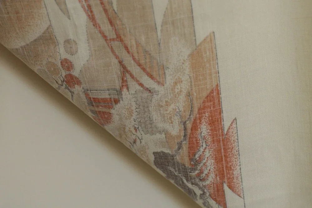 RARE Vintage Alfred Shaheen Hand-Printed Fabric Linen 1.5 Yards Japanese Motif